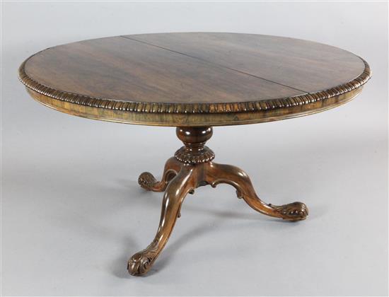 An early Victorian rosewood breakfast table, by Gillows, Diam.4ft 5in. H.2ft 6in.